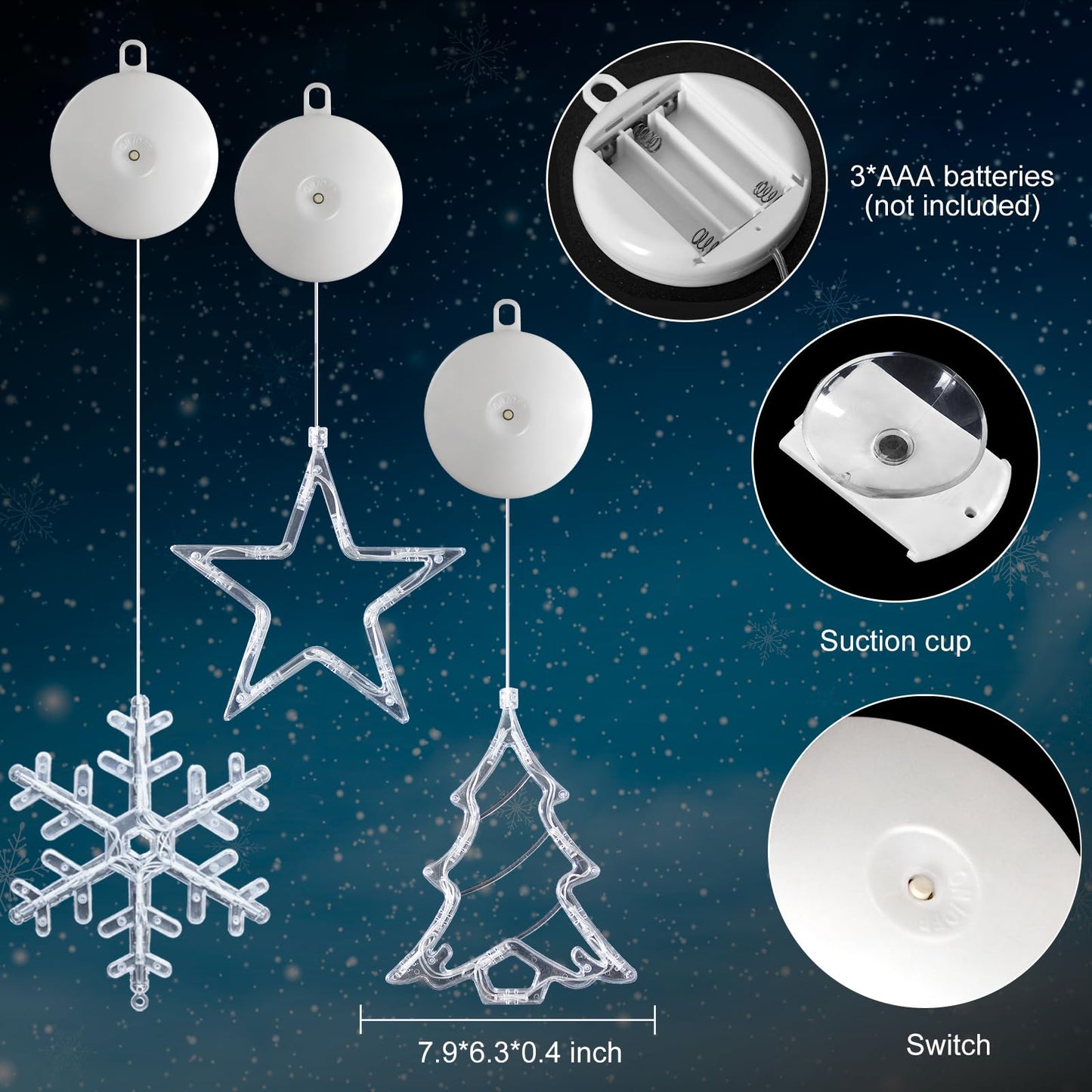 LYUBASA 3Pack Christmas Window Lights Decorations with Timer, Battery Powered Hanging White Lighted Snowflake Tree Star Shaped LED Sucker for Xmas Tree Fireplace Indoor Decor