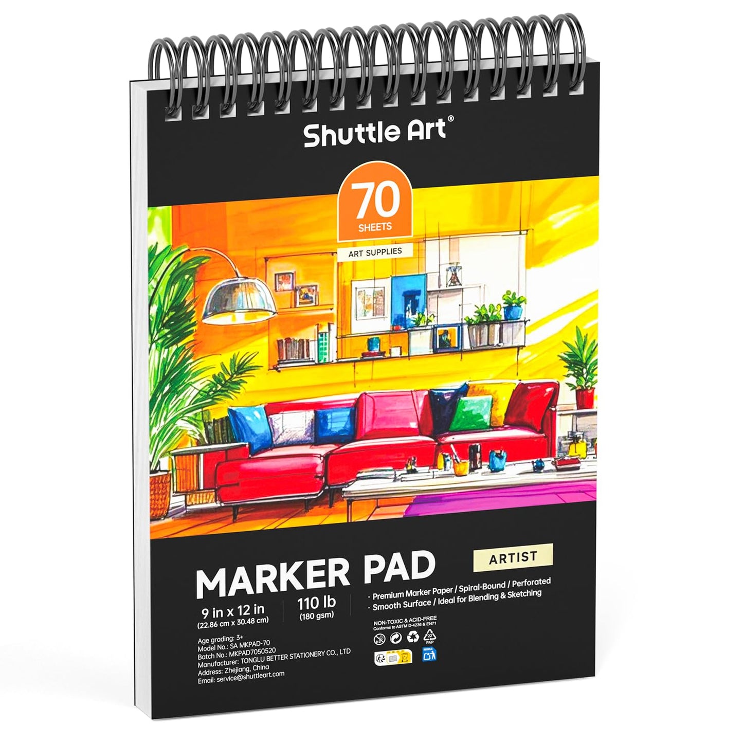 Shuttle Art Marker Pad, 12”x9” Portable Sketchbook, 70 Sheets Marker Drawing Paper, 110LB/180GSM Smooth Surface Bleedproof Art Paper, Spiral-Bound, Great for Artists to Draw, Paint & Sketch