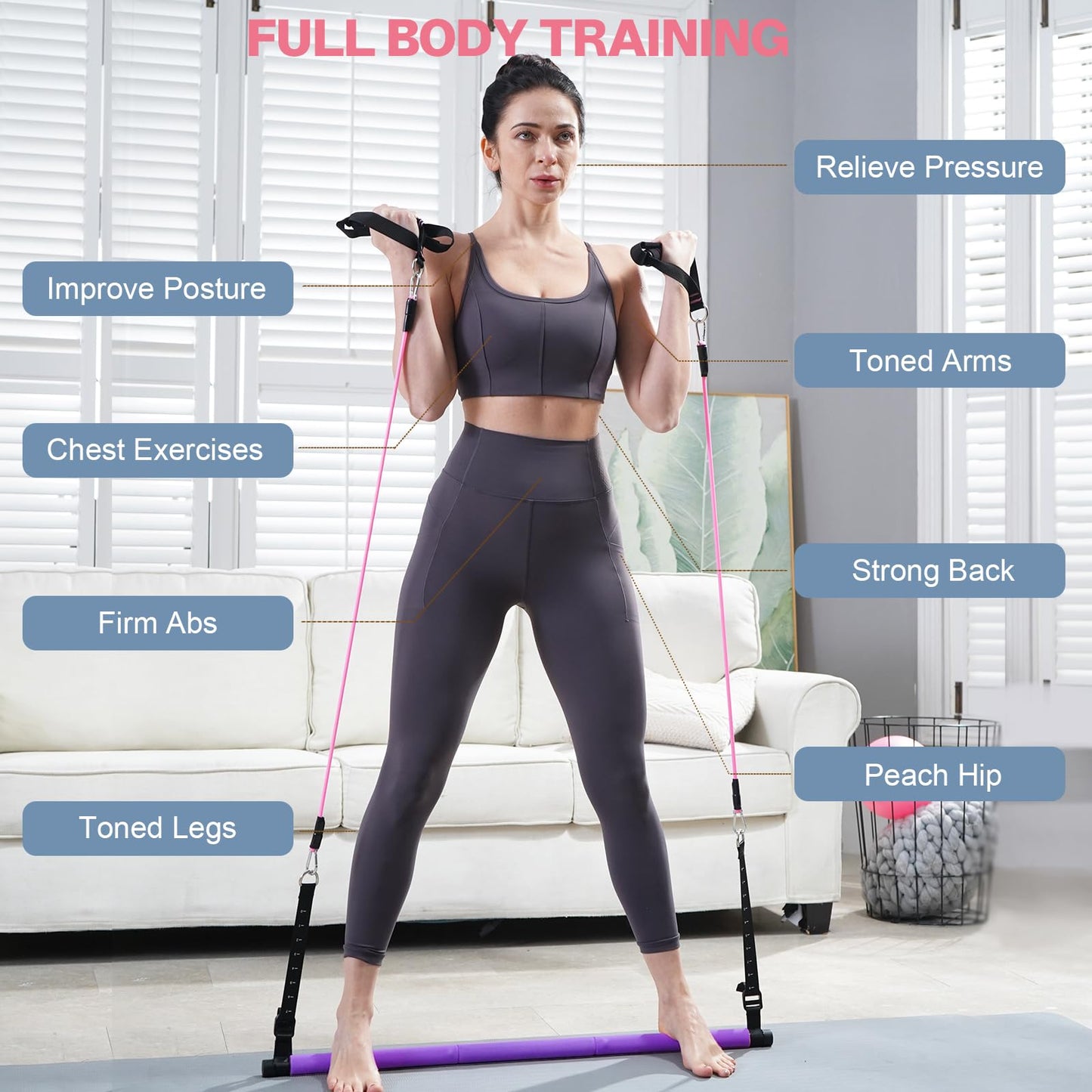 kisnbld Pilates Bar Kit with Resistance Bands, Multifunctional Pilates Bar with 3 Set Exercise Resistance Bands, Portable Pilates Equipment for Women Home Gym Yoga Workouts