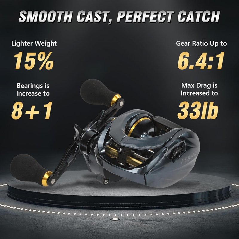 Baitcaster Fishing Reels - 6.4:1 Gear Ratio, 33 Lb Max Drag, 8+1 Stainless Steel Bearings | Freshwater & Saltwater Use