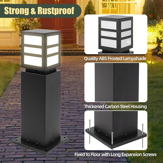 2Pack Landscape Path Lights 24" IP65 Waterproof Bollard Lights, Heavy Duty Steel Stable Widened Base E27 Lamp Holder, Modern Outdoor Path Lights Bollard for Lawn, Patio, Courtyard, Driveway, Oblong