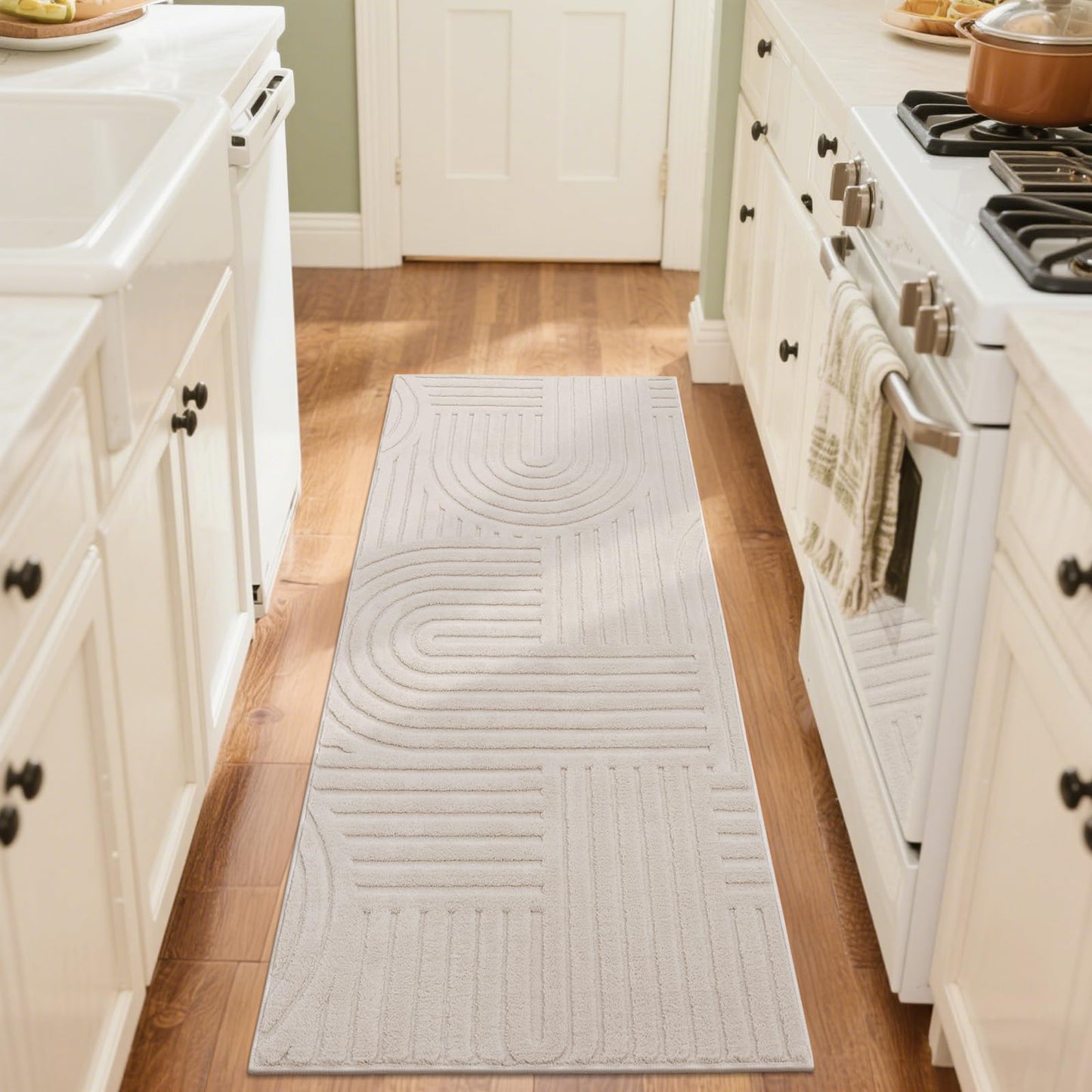 SHACOS Soft Cozy Fluffy Arch Pattern High Low Pile Runner Rugs 2'x6' Non Slip Washable Scandinavian Minimalist Rug Modern Geometric Arc Carpet for Living Room Bedroom Bathroom, Beige