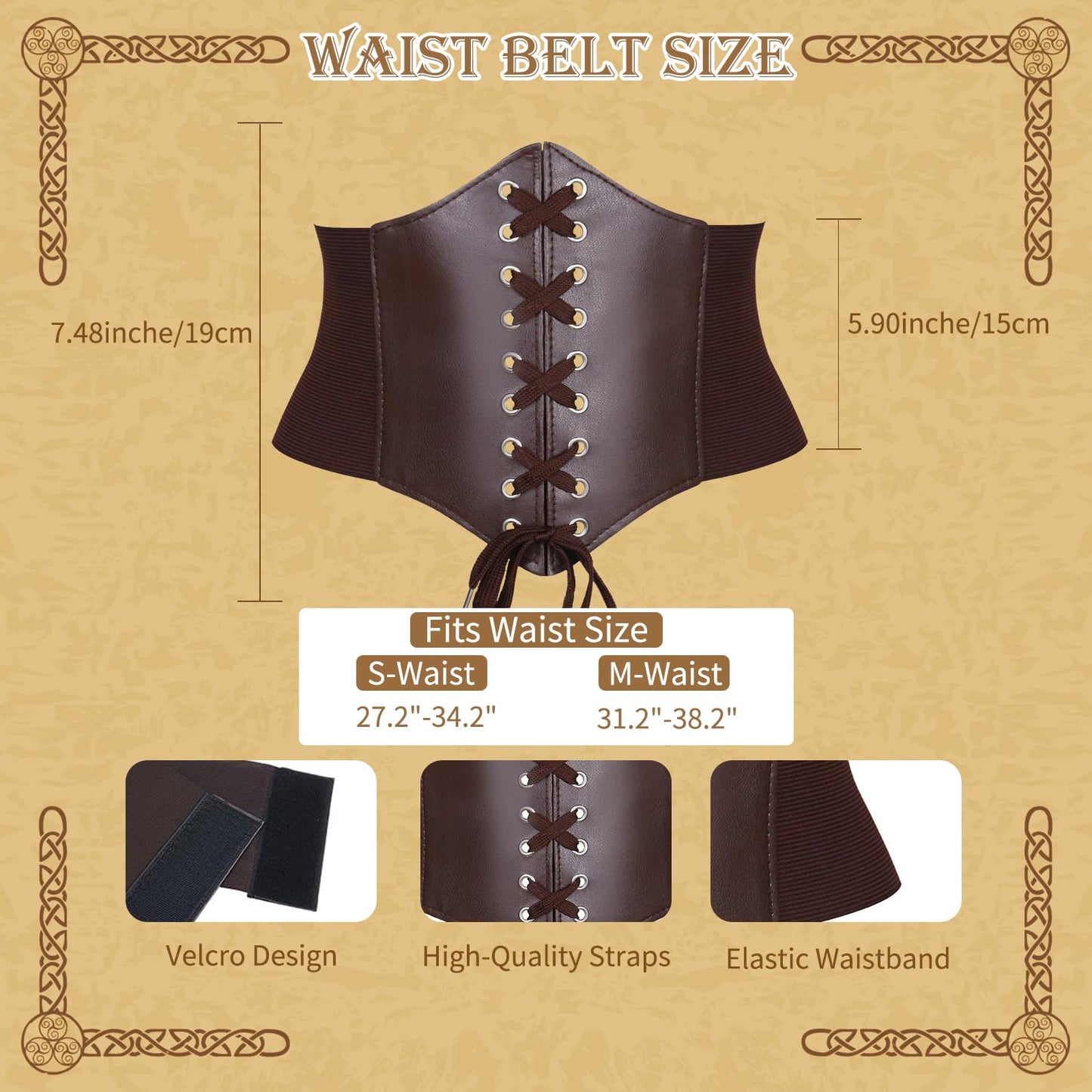 A ANGG Renaissance Belt, 5 Pcs Renaissance Accessories Women Medieval Belt Potion Bottle Corset Pouch Skirt Hike, Halloween Cosplay Costume Accessories（S Brown