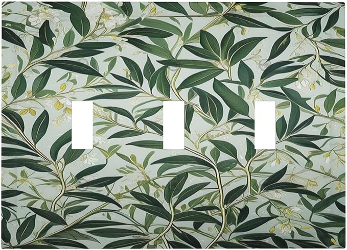 Sage Eucalyptus Leaves Foliage Light Switch Covers 3 Gang Triple Toggle Wall Plate Decorative Switchplate Electrical Faceplate for Farmhouse Living Decor