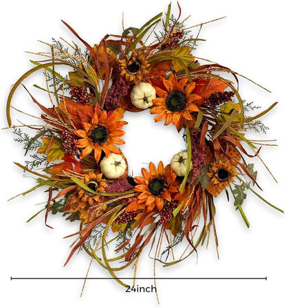 Jobflower Fall Wreaths for Front Door 24 Inch – Autumn Sunflower and Pumpkin Wreath for Halloween, Thanksgiving, Farmhouse Indoor Outdoor Wall or Porch Decor