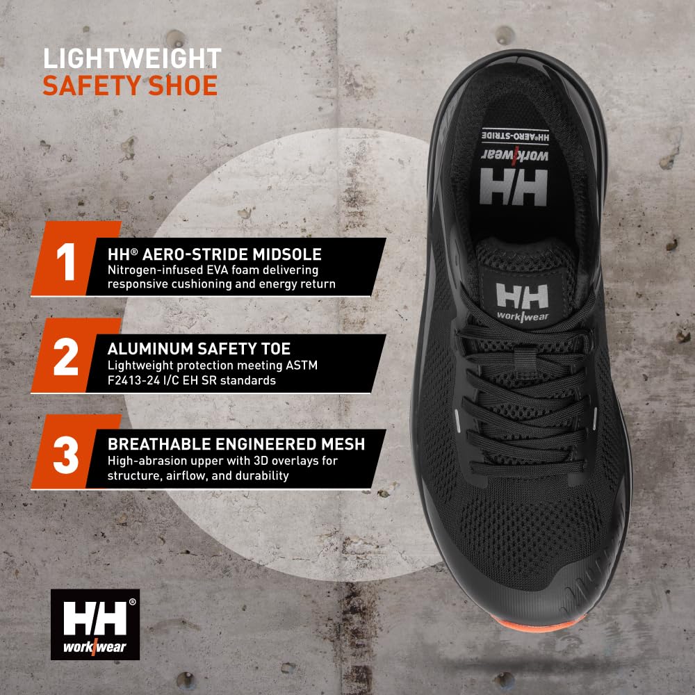 Helly Hansen Barcode Low AL EH Men's Aluminum Toe Work Shoes - Slip Resistant Work Shoes for Men - Lightweight Safety Toe - Breathable Mesh & EH Protection - 992 Black/Orange - 10.5 Wide