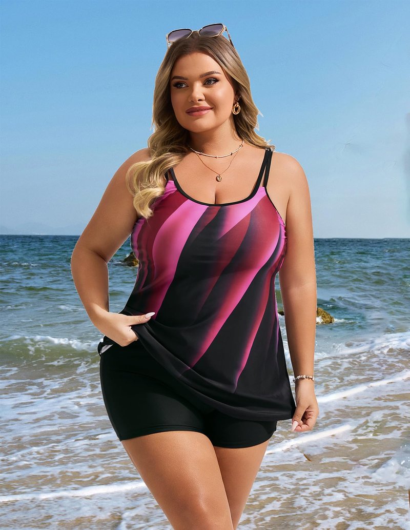 Hanna Nikole Tankini Swimsuits for Women 2 Piece Sexy Push Up Swimdress Flowy Bathing Suits Rose Red Ray Large