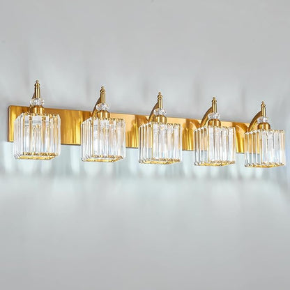 5-Light Crystal Vanity Lights - Gold, Modern Over-Mirror Bathroom Light Fixtures