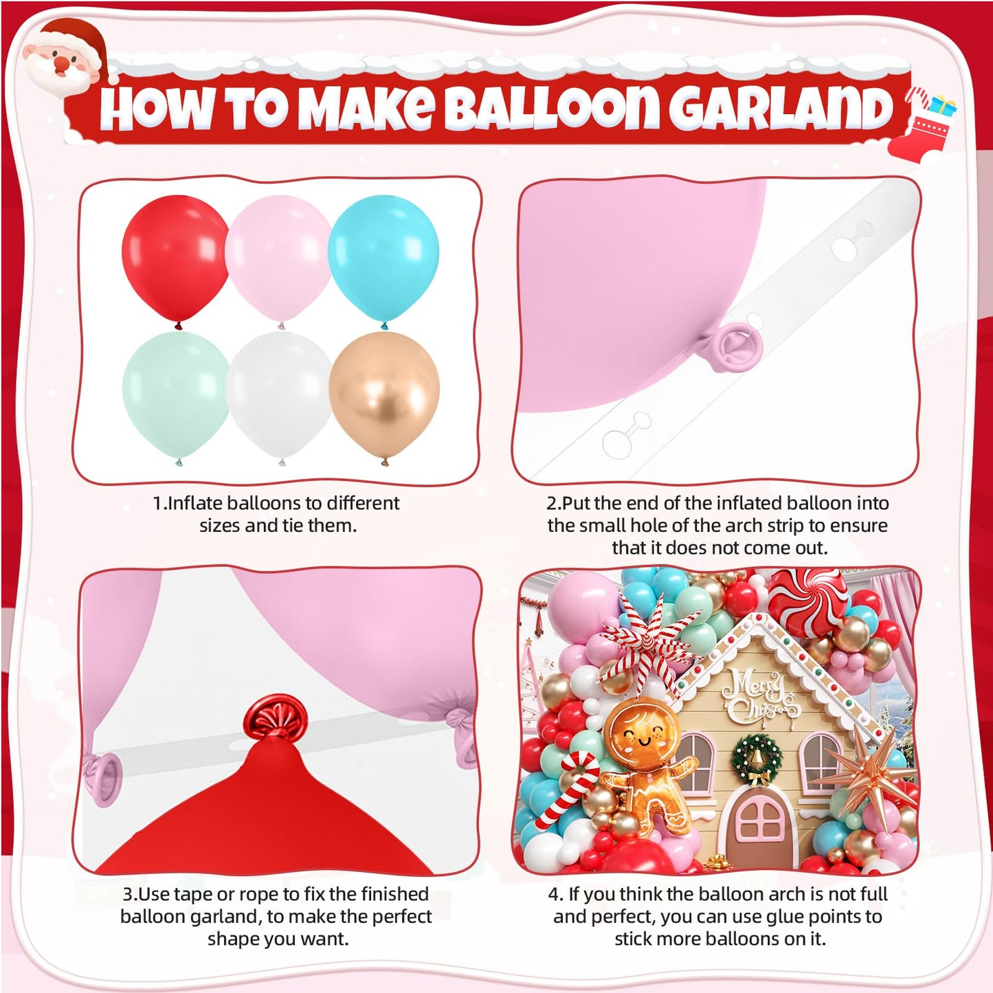 Christmas Balloon Arch Kit, Gingerbread Man Balloon Garland Kit, Red Pastel Green Pink Teal Blue Balloons Christmas Foil Balloons Candy Cane Star for Xmas Birthday New Year Party Decorations