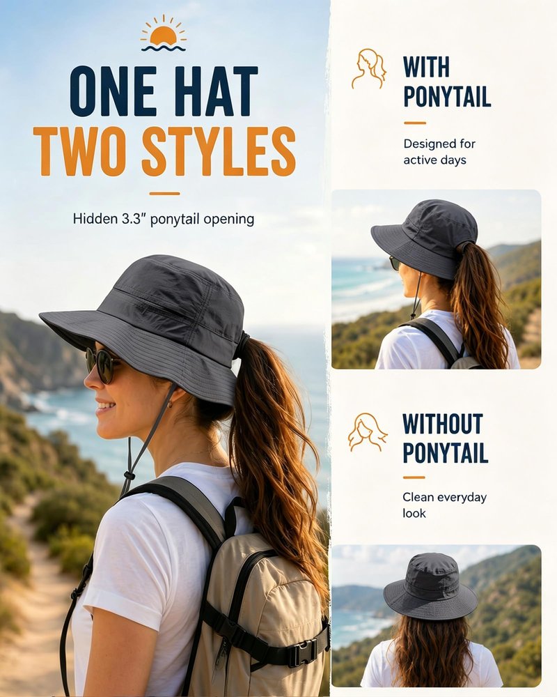 Womens Ponytail Sun Hat Packable UPF50+ Waterproof Bucket Hat Hiking Fishing Safari Hat Foldable Beach Hat Dark Grey
