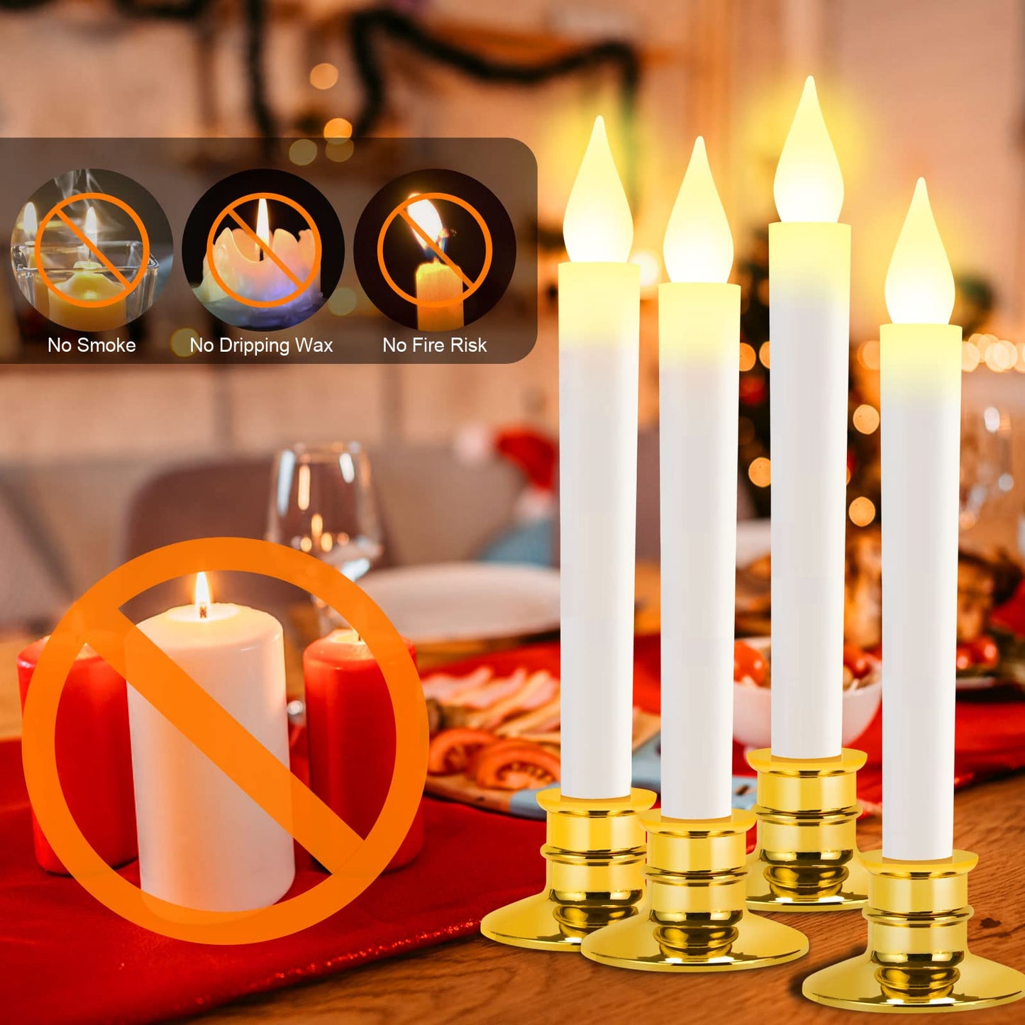 Kithouse Flameless Candles-Window Candles-LED Battery Operated Candles with 24 AAA Batteries,10-Key Remote and Daily Timer,Window Suction Cups,Gold Removable Holders,Christmas Bow