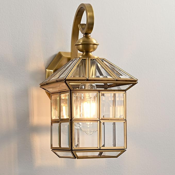 Milaii Copper Brass Outdoor Wall Lights,13.4" Exterior Lantern Light Fixture Waterproof Anti-Rust Wall Mount Lamp with Clear Glass E26 Socket Porch Light for Garage Entryway Patio Balcony