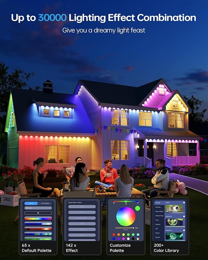 ASAHOM AI Permanent Outdoor Lights S107E, 300FT with 216 RGBCW LED Lights and Dual Output, 30,000 Lighting Effect Combination, IP67 Waterproof for House Halloween Christmas and Daily Decoration, White