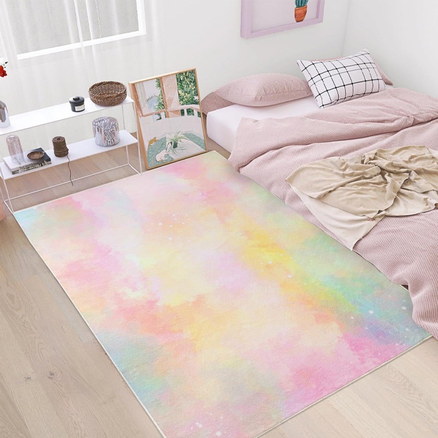 Lacomfy Pink Yellow Kids Rug 3x5Ft Soft Washable Ombre Carpet for Boys Girls Bedroom, Non-Slip Playroom Mat for Children Nursery, Neutral Modern Abstract Kids Decor for Dorm & Living Room