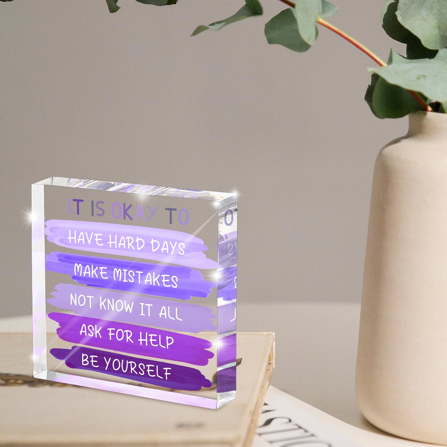 Mental Health “It Is Okay To...” Desk Sign - 4x4 Inch Purple Acrylic Affirmation Decor for Women, Therapy Office Decor, Self-Compassion Gifts, Anxiety Relief & Positive Workspace Accessories