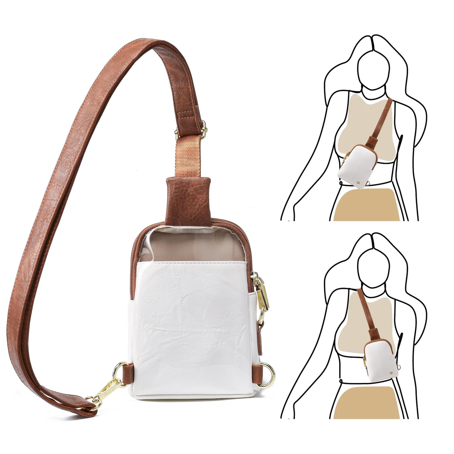 INICAT Sling Bag for Women Touchscreen Small Crossbody Cell Phone Purse Fanny Pack (White Brown Anti Theft)
