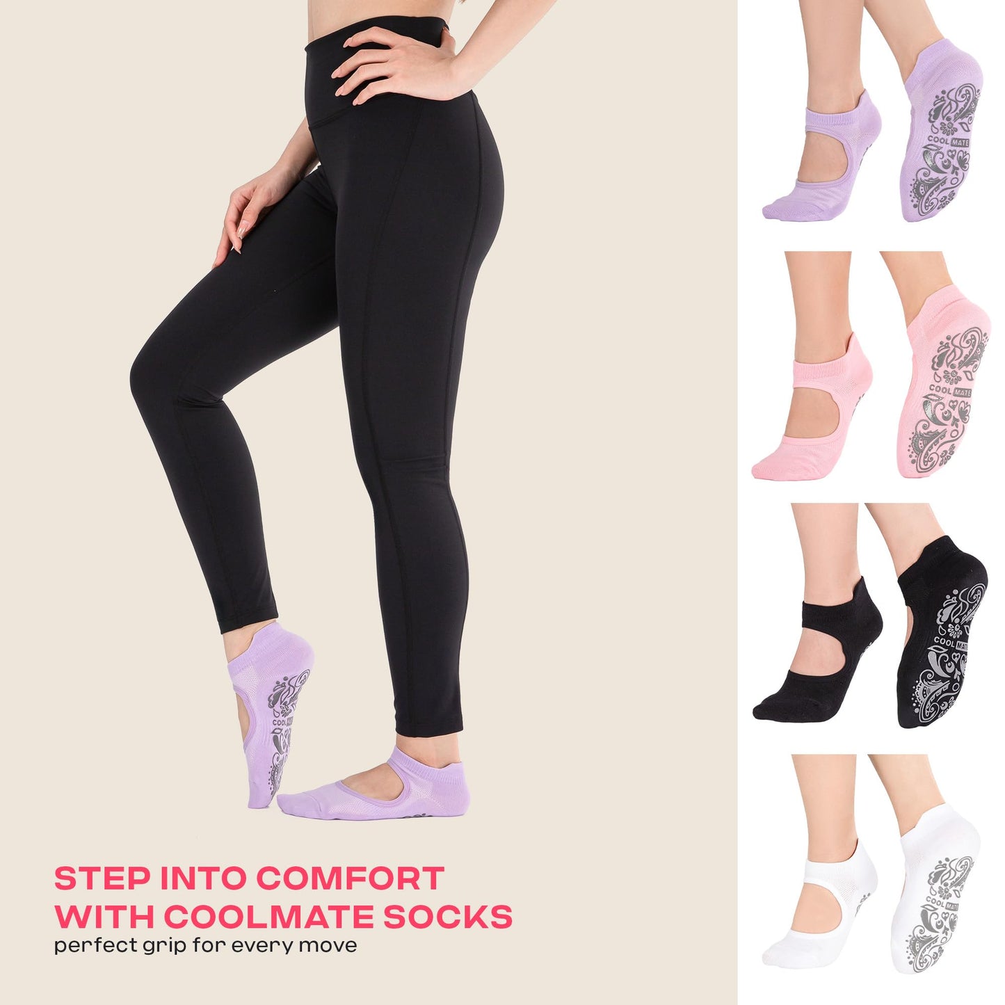 CoolMate Pilates Socks with Grips for Women, Yoga Socks, Crew Non Slip Women for Workout, Barre, Pilates Gifts