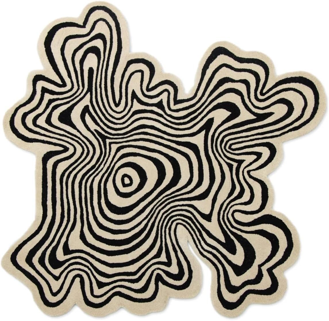 Irregular Shaped Black Beige Large Square Rug 5x5 Illusion Abstract Striped Pattern Washable Easy Clean Deco Rugs Living Room Diningroom Bedroom Playroom Guestroom Home Office Modern Carpet