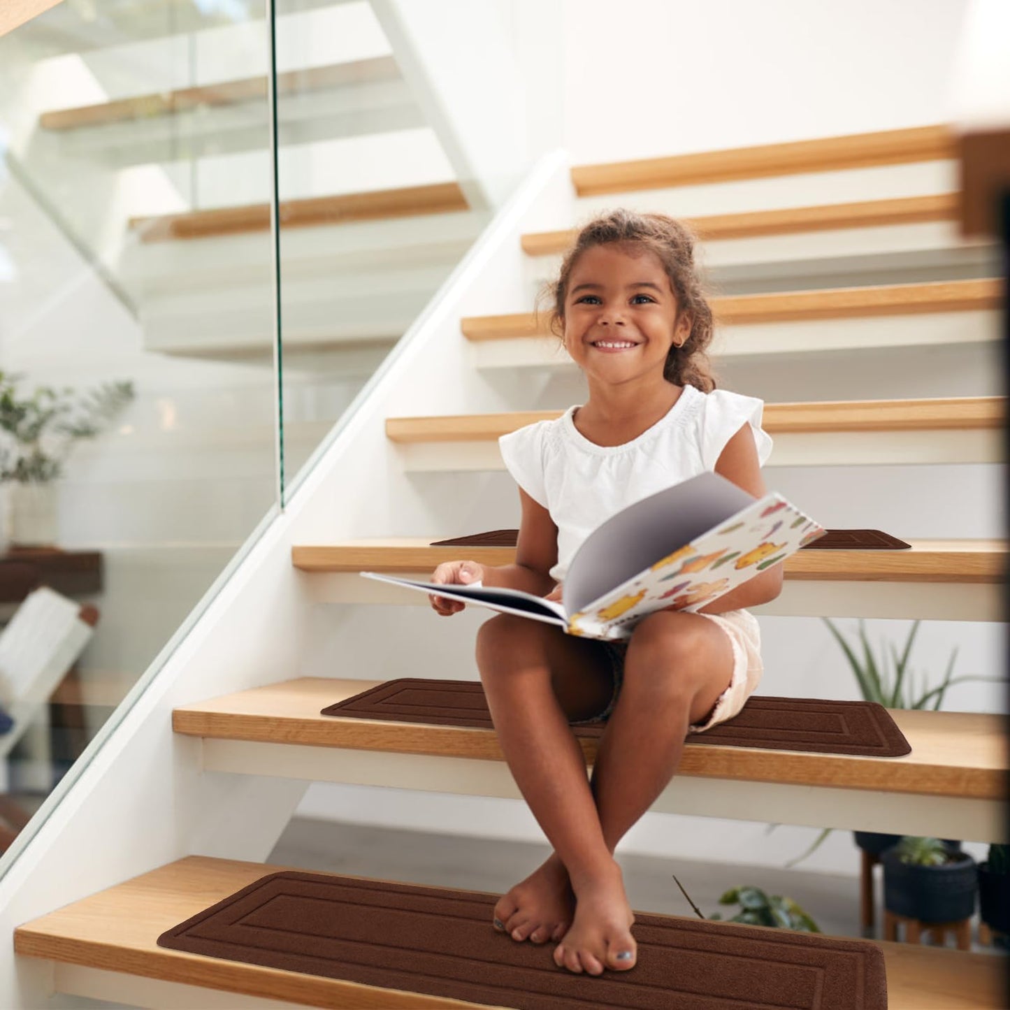 Aoxisicoo 15-Pack Brown Stair Treads for Indoor Wood Steps, 8x30 Inch Non-Slip Carpet Mats with Self-Adhesive Backing, Machine Washable Safety Runner for Kids, Elders and Pets