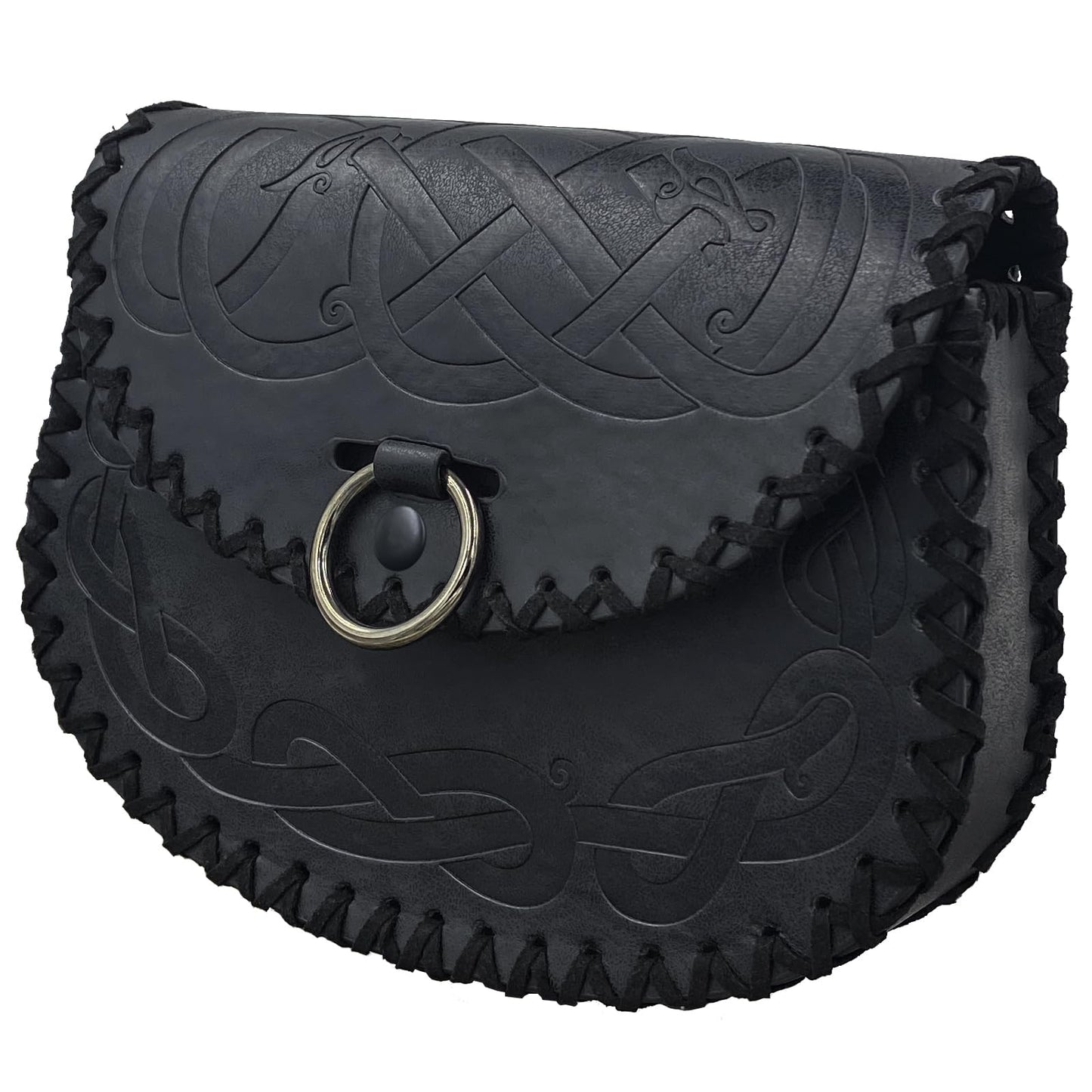 HiiFeuer Viking Embossed Belt Bag, Vintage Medieval Faux Leather Side Pack, Middle Ages Portable Belt Pouch For LARP Ren Faire (Black A)