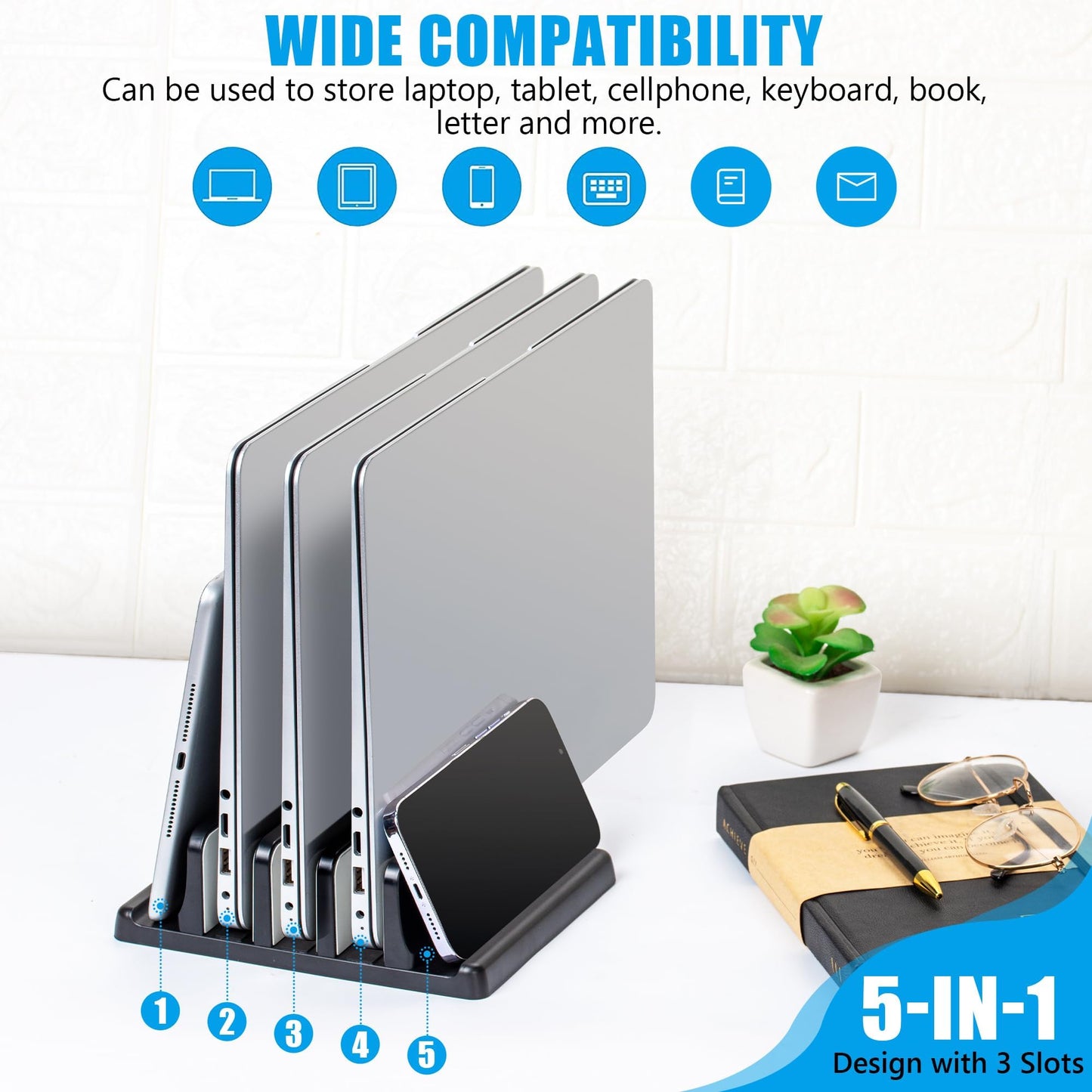 Ryvlan Vertical Laptop Stand, 3 Slot Adjustable Laptop Storage Rack and Desk Organizer, Silicone-Padded Holder for Multiple Devices Storage, Compatible Stand for Tablets and Devices up to 17 Inches