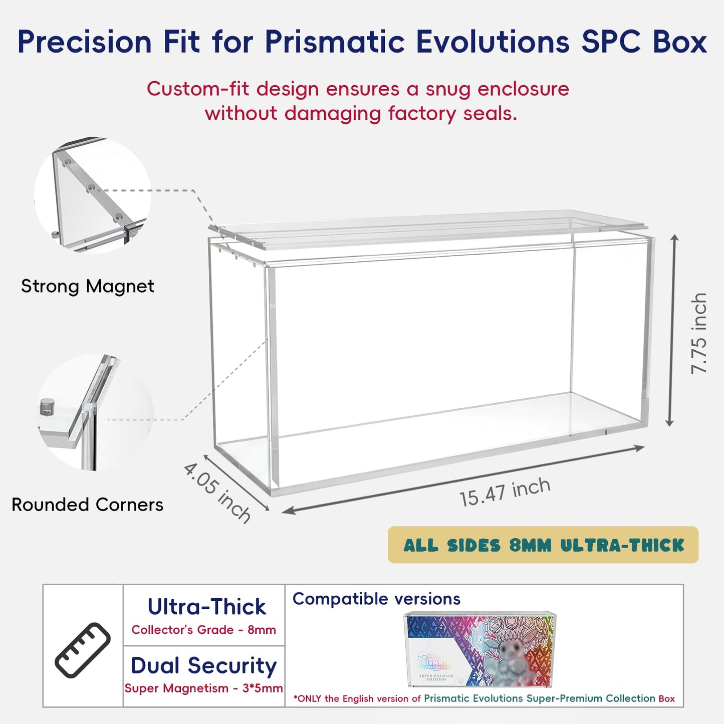 Prismatic Evolutions SPC Box Acrylic Case Protector – Ultra Thick 8mm Clear Acrylic Display Box with Sliding Slot & 5mm Magnetic Lid, Rounded Edges, Collector Case Compatible with SPC Box
