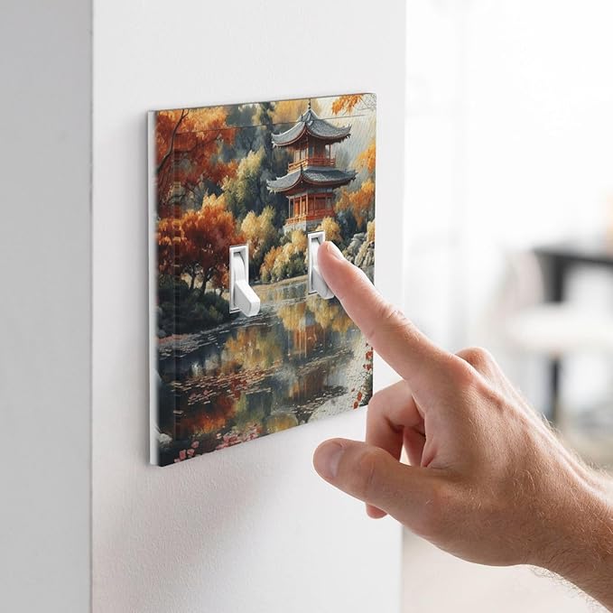 Decorative Art Light Switch Covers Lake & Pagoda in Fall 2 Gang Double Toggle Wall Plate Decorative Switchcover Electrical Switchplate for Home Decor