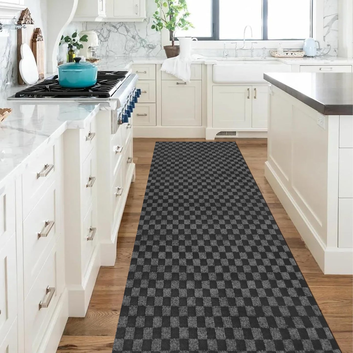 Runner Rug 2 ft x 6 ft, Outdoor/Indoor Rug with Rubber Backing Non Slip for Hallway, Kitchen, Patio, Laundry, RV, Entryway, Garage, Bathroom, Area Rug Carpet, Black Check, Customizable