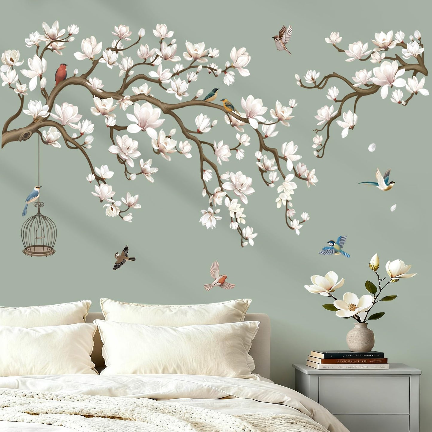 wondever Magnolia Flowers Tree Branch Wall Stickers White Floral Birds Peel and Stick Wall Art Decals for Living Room Bedroom Sofa