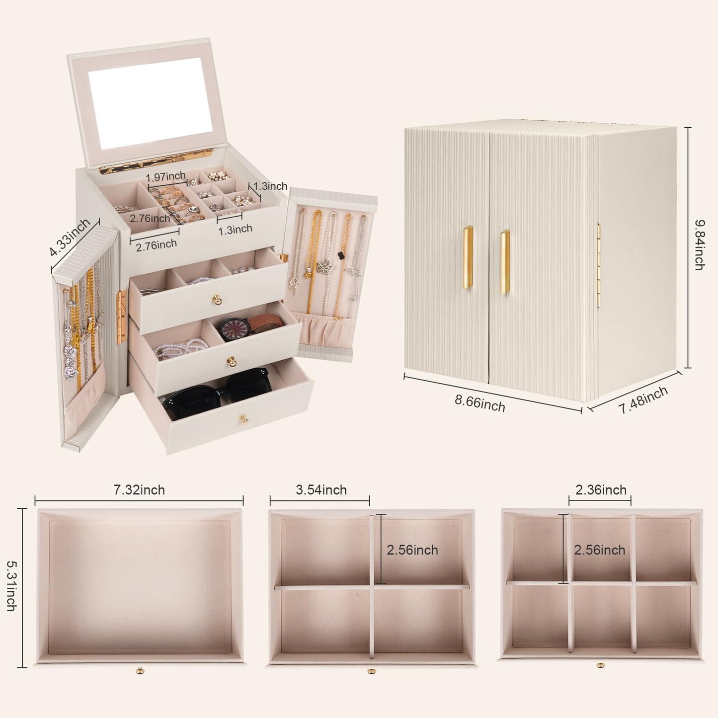 Dajasan Large Jewelry Box Organizer, Jewelry Storage Organizer with 3 Drawers, Huge Jewelry Box with Mirror for Women Girls, Double Door, Textured PU Leather, Gift Idea, Stylish (Beige + Gold)