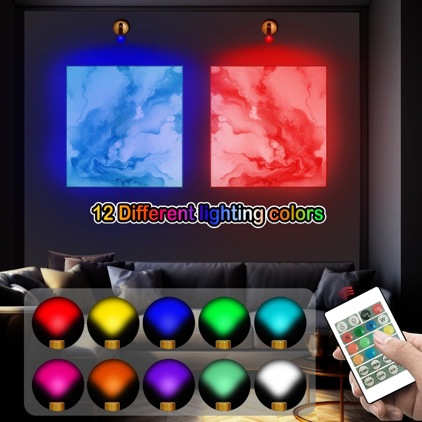 HAMVIDNE Indoor LED Spotlight, Battery Operated RGBW Spotlights with Remote, 12 Colors Changing Plant Tree Spot Light with Timer, Up Lights for Wall Art Picture Display Dartboard Painting Accent-Gold