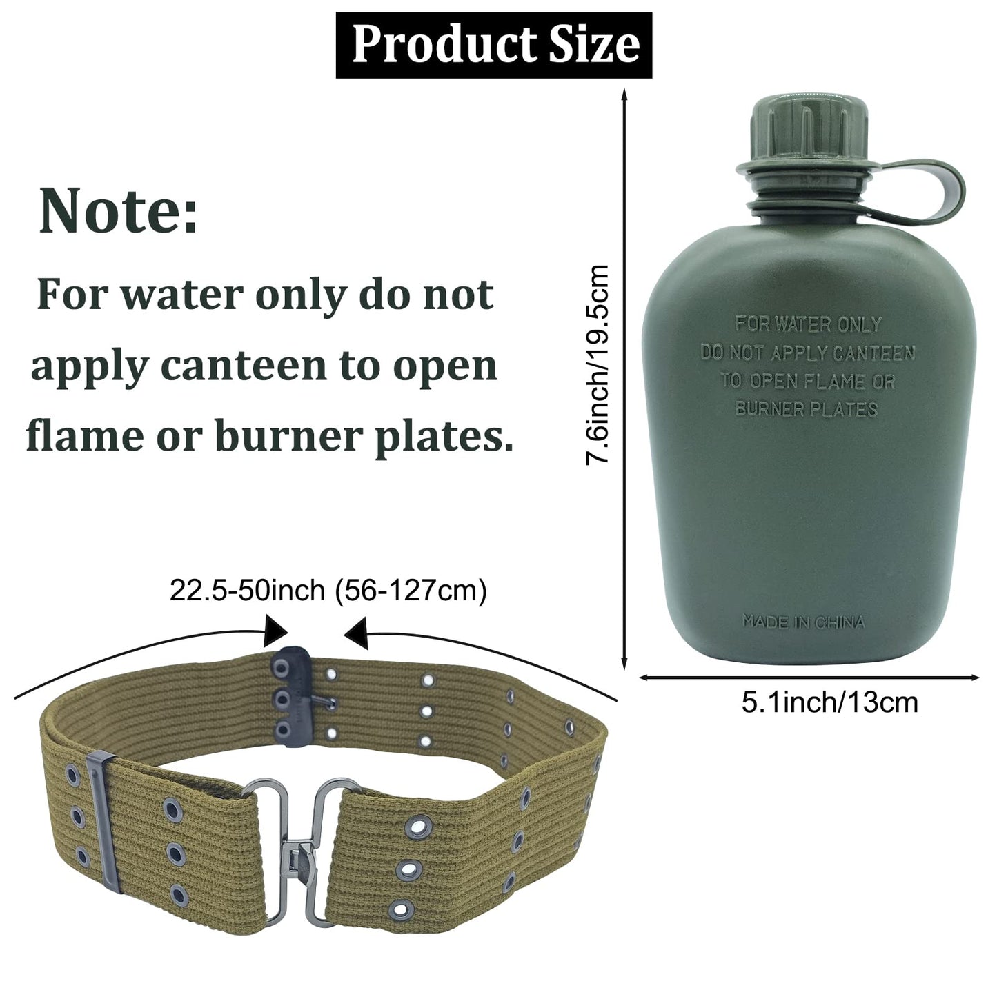 Plastic Military Canteen, 1 Quart Portable Army Water Bottle with Cup Sleeves and Waist Belt for Hiking Camping Climbing and Most Outdoor Activities