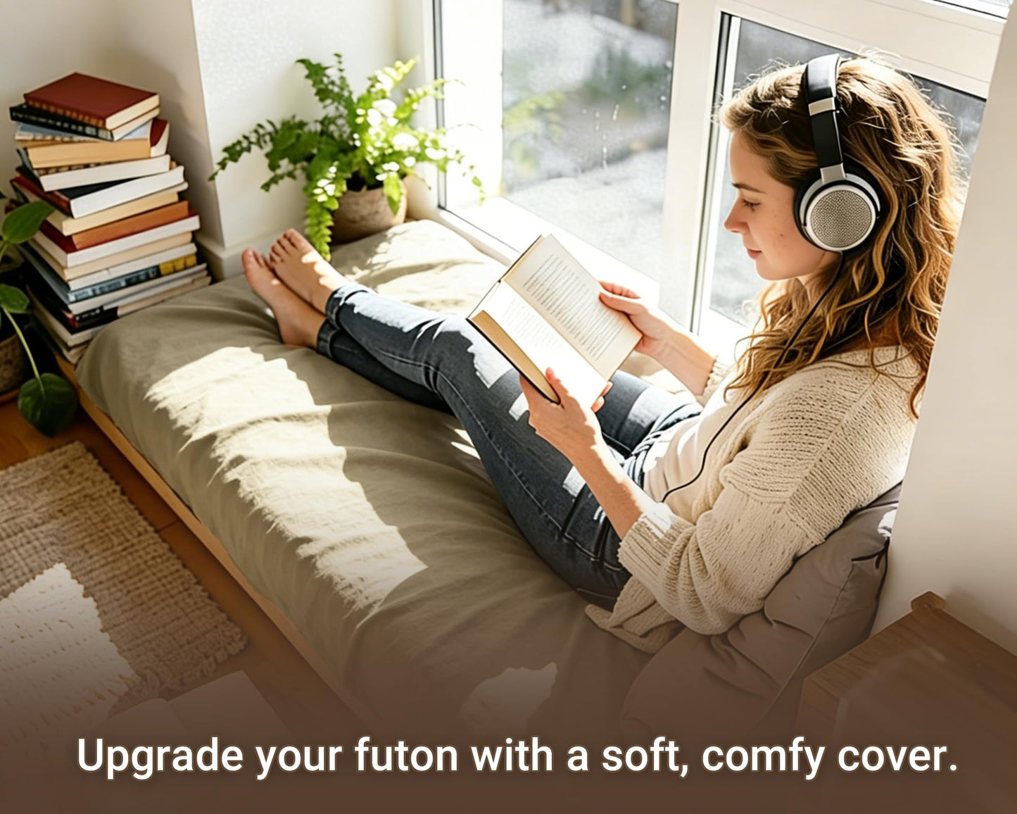 Gryvmnos 100% Cotton Futon Mattress Cover, Washable Japanese Floor Bed Protector with Zipper, Dust‑Proof Replacement Slipcover for Tatami Mat, Fits Up to 4-Inch Thick Mattresses, Full/Queen