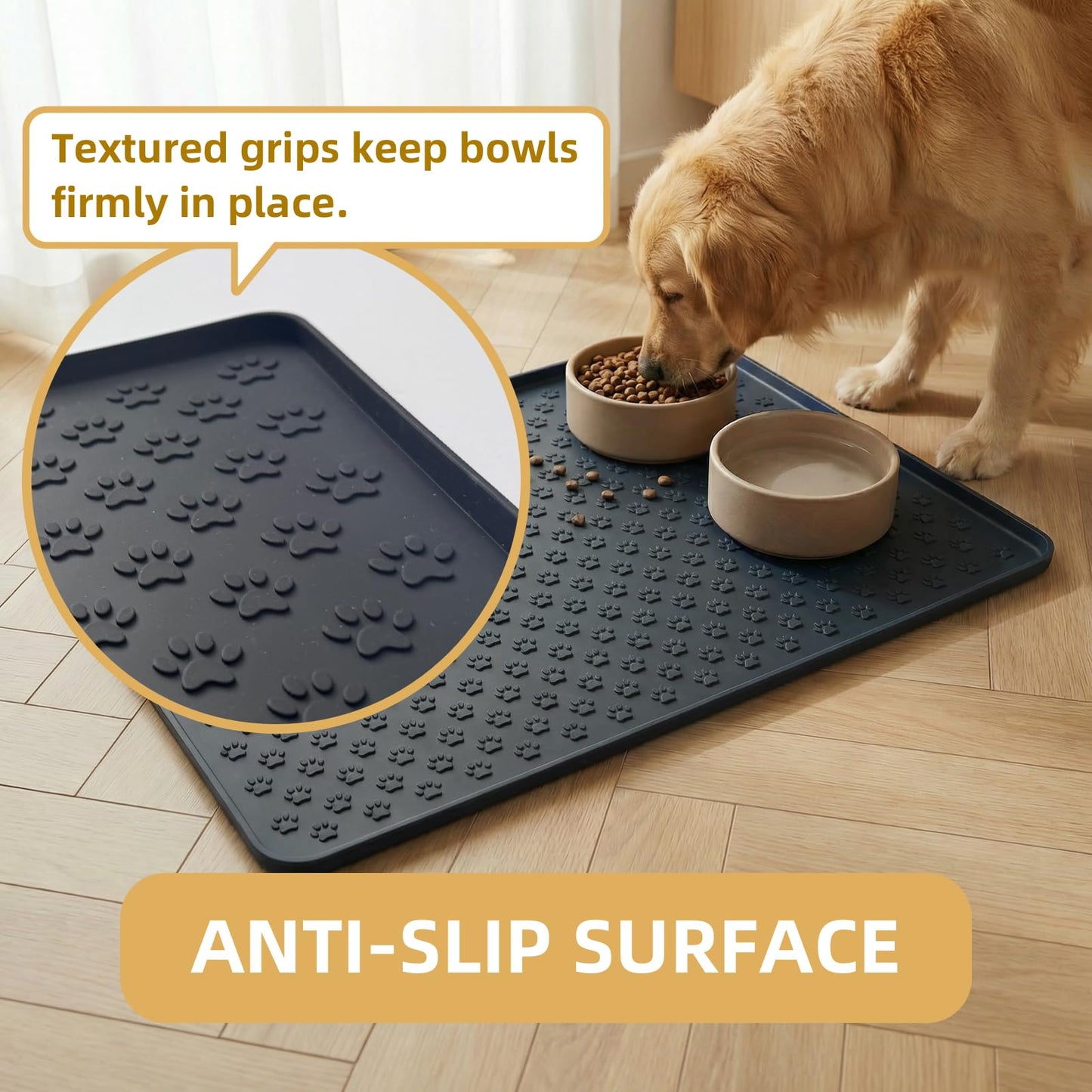 Royithpaw Silicone Dog Food Mat, 100% Waterproof Pet Feeding Mat with Raised Edge, Non-Slip Bowl Placemat for Cats & Dogs, Pets Accessories, 23.6” x 15.9”
