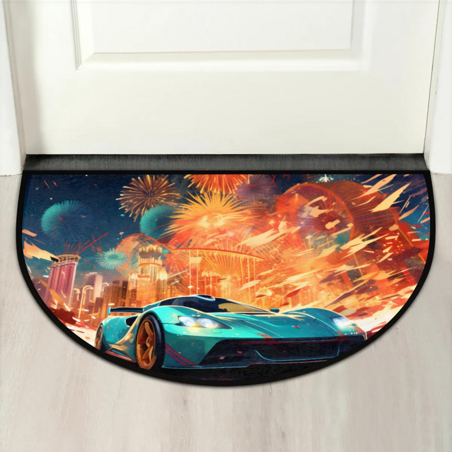 LCLJJDMBM Fireworks Race Cars Half Round Door Mat Indoor Entrance Half Moon Rug Area Rug Low Pile Non Slip Absorbent Semi Circle Welcome Mats for Kitchen Patio Home Decoration 36x24 Inch