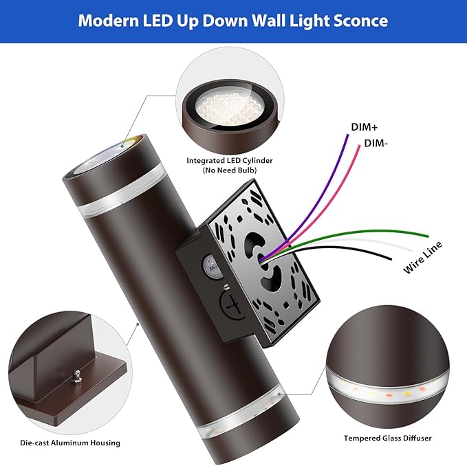 dephen Outdoor Up Down Wall Light, Dusk to Dawn LED Exterior Sconces Light 3000K/4000K/5000K /10W/20W/30W Adjustable, Brown Aluminum Modern Cylinder Porch Lights (UL-Listed)