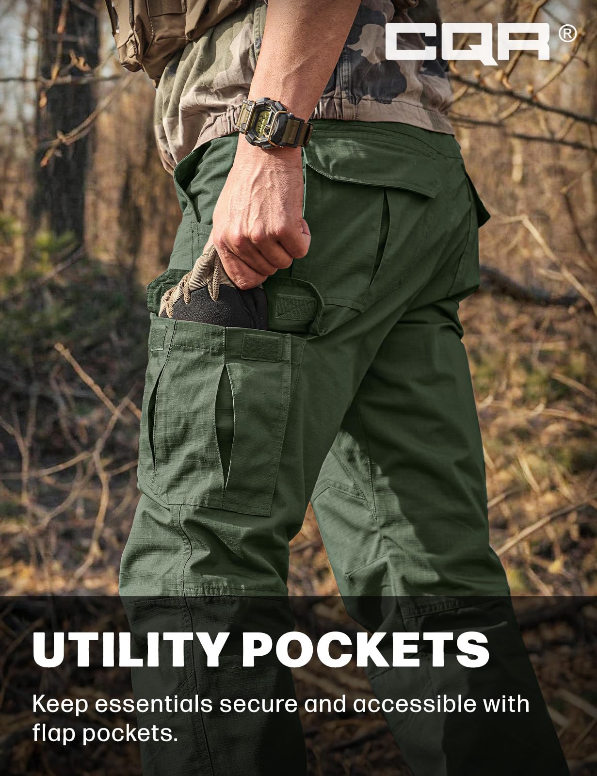 CQR Men's Tactical Pants, Water Resistant Ripstop Cargo Pants, Lightweight EDC Work Hiking Pants, Outdoor Apparel, Raider Green Kelp, 38W x 34L