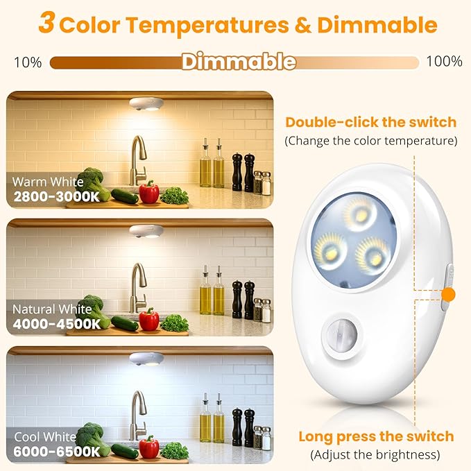 LED Motion Sensor Puck Lights Rechargeable with 3 Color Temps, Dimmable, Wireless, Magnetic and Stick On, for Under Cabinet Closet Lighting, Night Light, Locker, Stair, Kitchen, Shelf