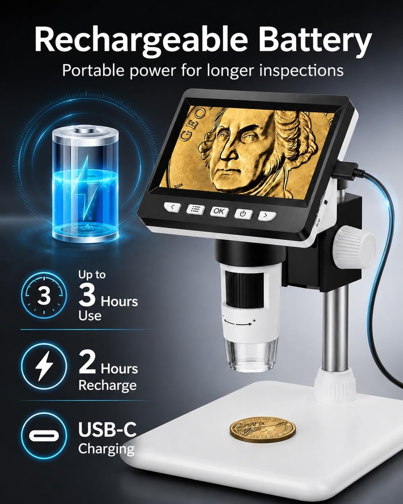 Digital Coin Microscope 1000X, 4.3" LCD Coin Magnifier with Screen for Error Coins, 1080P USB Microscope with 8 Adjustable LED Lights, Photo & Video, Built-in Storage, Compatible with Windows/MacOS