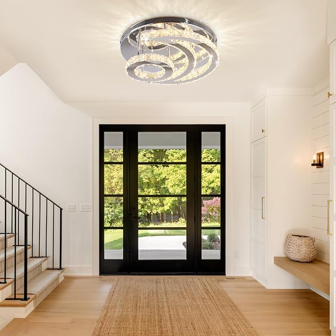 CXGLEAMING 15.7" Modern Crystal Chandelier Dimmable Ceiling Light Fixture Moon Shape LED Flush Mount Chandeliers for Bedroom Living Room Dining Room (Remote Control)