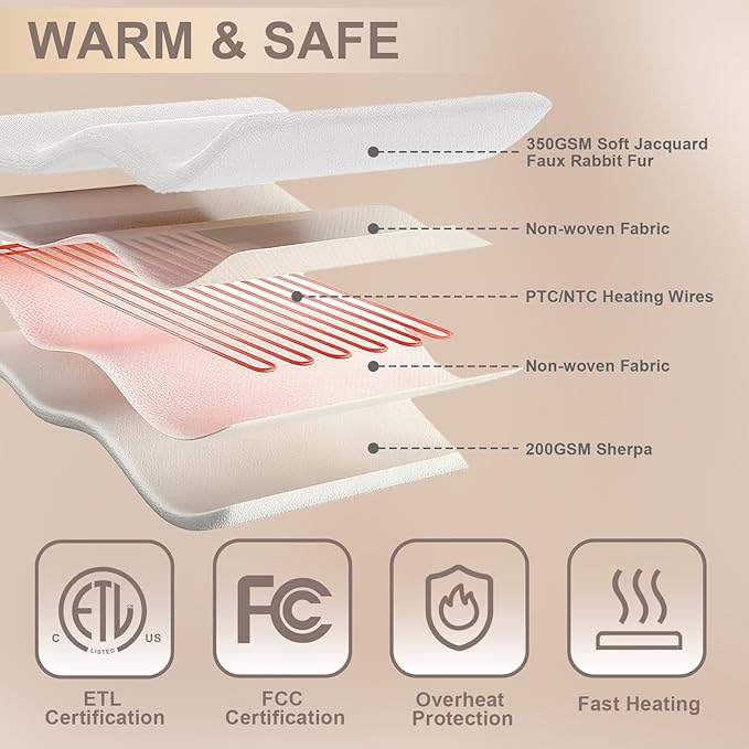 SnugLife Electric Blanket Queen Size,84" x 90" Heated Blanket with Dual Control,10 Time Settings & 6 Heat Settings,Fast Heating Blanket with Overheat Protection & ETL Certification(Cream)