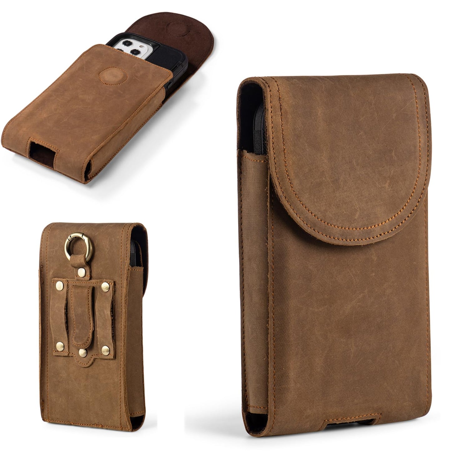 Hengwin Leather Cell Phone Holster Belt Pouch Case with Belt Clip Fit for iPhone 17 Pro Max 16 Pro Max 15 Pro Max 14 Pro Max 13 Pro Max Samsung Galaxy S25 Ultra S24 Ultra S23 Ultra (Light Brown)