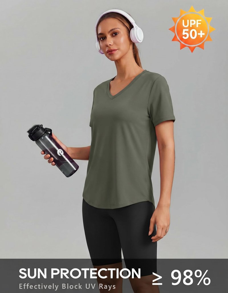 PINSPARK Breathable T-Shirts for Women Short Sleeve V Neck Moisture Wicking Workout Tops Quick Dry Lightweight Athletic Gym Shirts,Olive Green X-Large