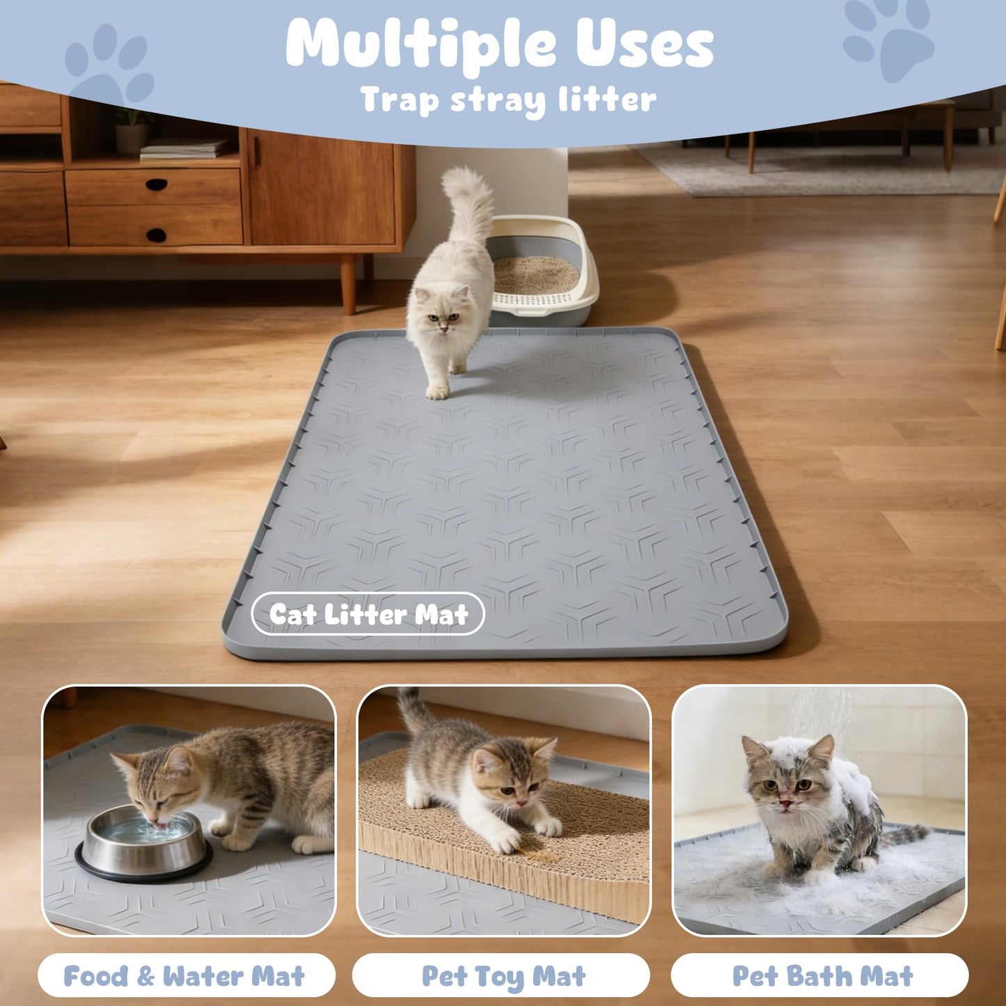 JUJOMAT Cat Litter Box Mat, 34"×22" Waterproof Silicone Cat Litter Trapping Mat Non-Slip Gray Kitty Litter Mat for Indoor Cats, Rubber Pet Food Mats with Lip Easy to Clean & Soft
