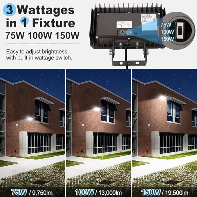 150W LED Flood Light with Dusk-to-Dawn Photocell, 130lm/W 5000K Daylight 100-277V IP65 Waterproof, 150W-100W-75W Adjustable, LED Parking Lot Light with Trunnion Mount, ETL