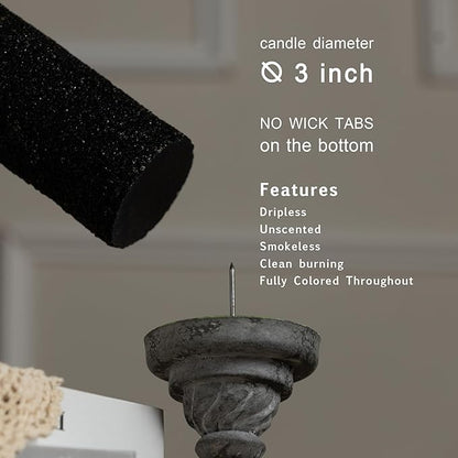 MOZEAL Hand-Poured Granular Texture Decorative Black Pillar Candles Set of 3 (3"x4", 5", 6"),Approx 300 Hours Burn Time Dripless, Unscented, Smokeless, for Halloween