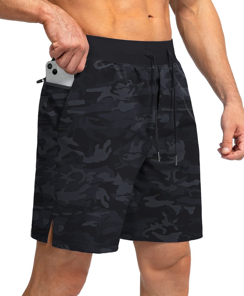 Soothfeel Men's Running Shorts with Zipper Pockets 7 Inch Lightweight Quick Dry Gym Athletic Workout Shorts for Men (Grey Camo, 3XL)