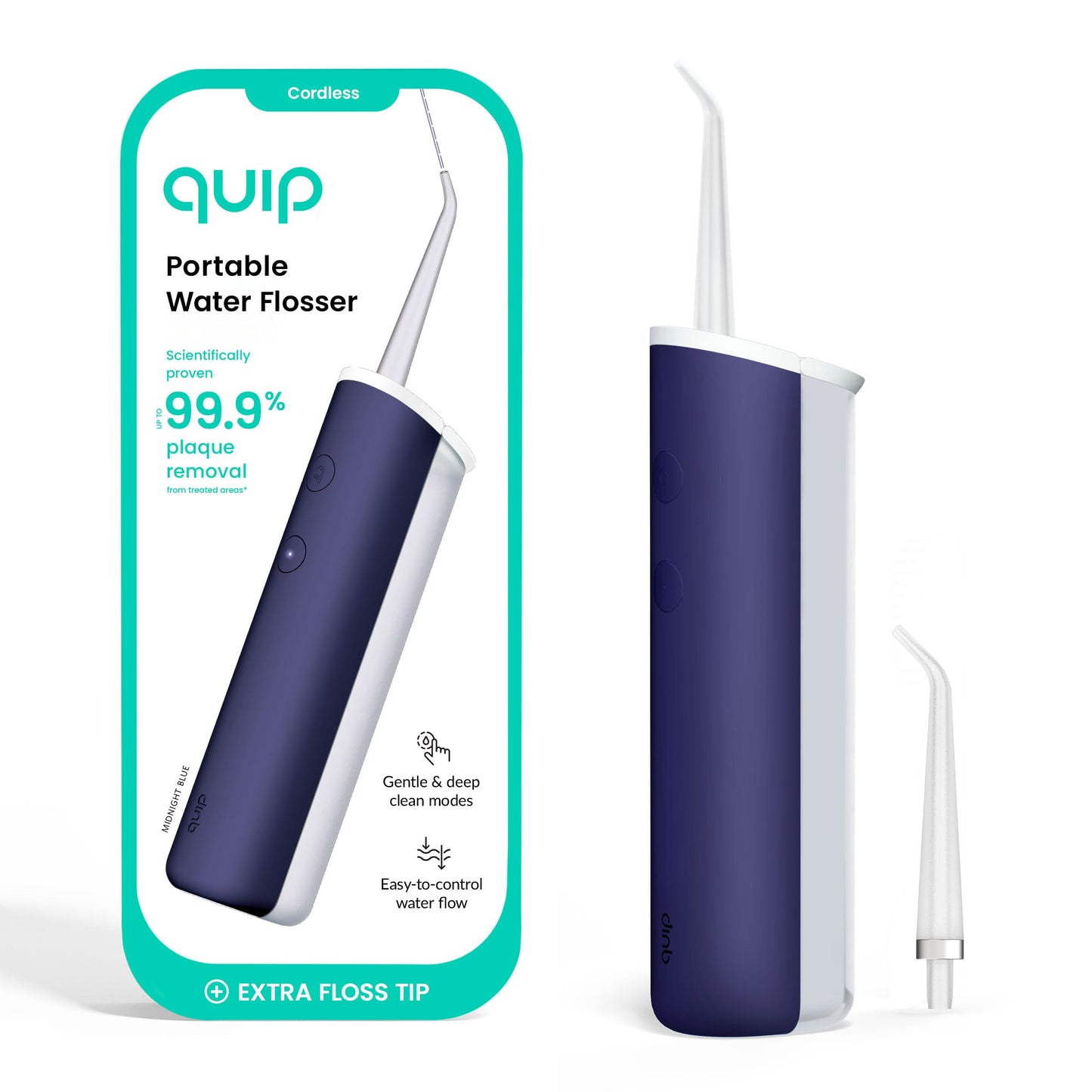 quip Water Flosser with Replacement Tip - Cordless Water Flosser with Adjustable Pressure - Teeth Cleaner Pick with 360 Degree Rotating Replaceable Tip - Midnight Blue