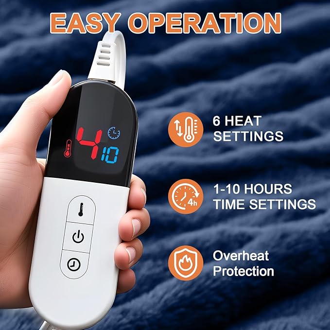 Heated Blanket Electric Throw Blanket 84''X 90''-Heating Blanket with 6 Heat Settings-10 Hours Auto Off,Cozy Faux Rabbit Fur Bubble Electric Blanket,Navy Blue
