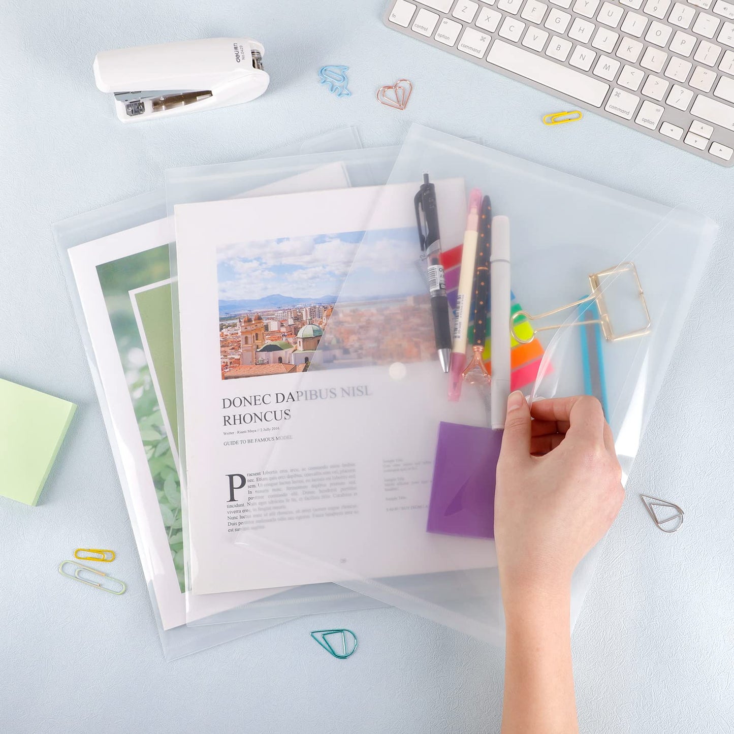 EOOUT 50pcs Plastic Envelopes with Button Snap Closure, Clear Poly Folders for Documents, Waterproof Plastic File Folder, Letter Size, A4 Size, for School and Office Supplies